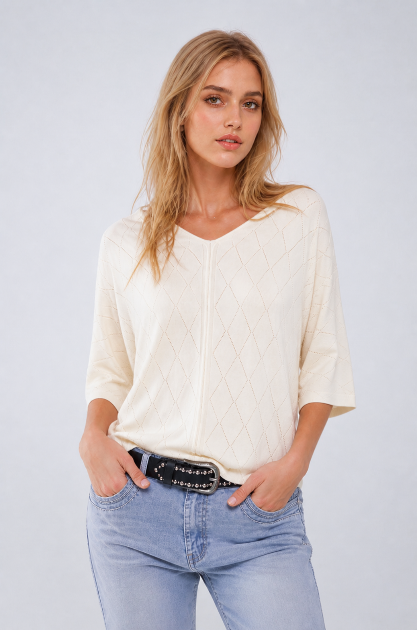 Jersey beige De Manga Corta Con Estampado Argyle