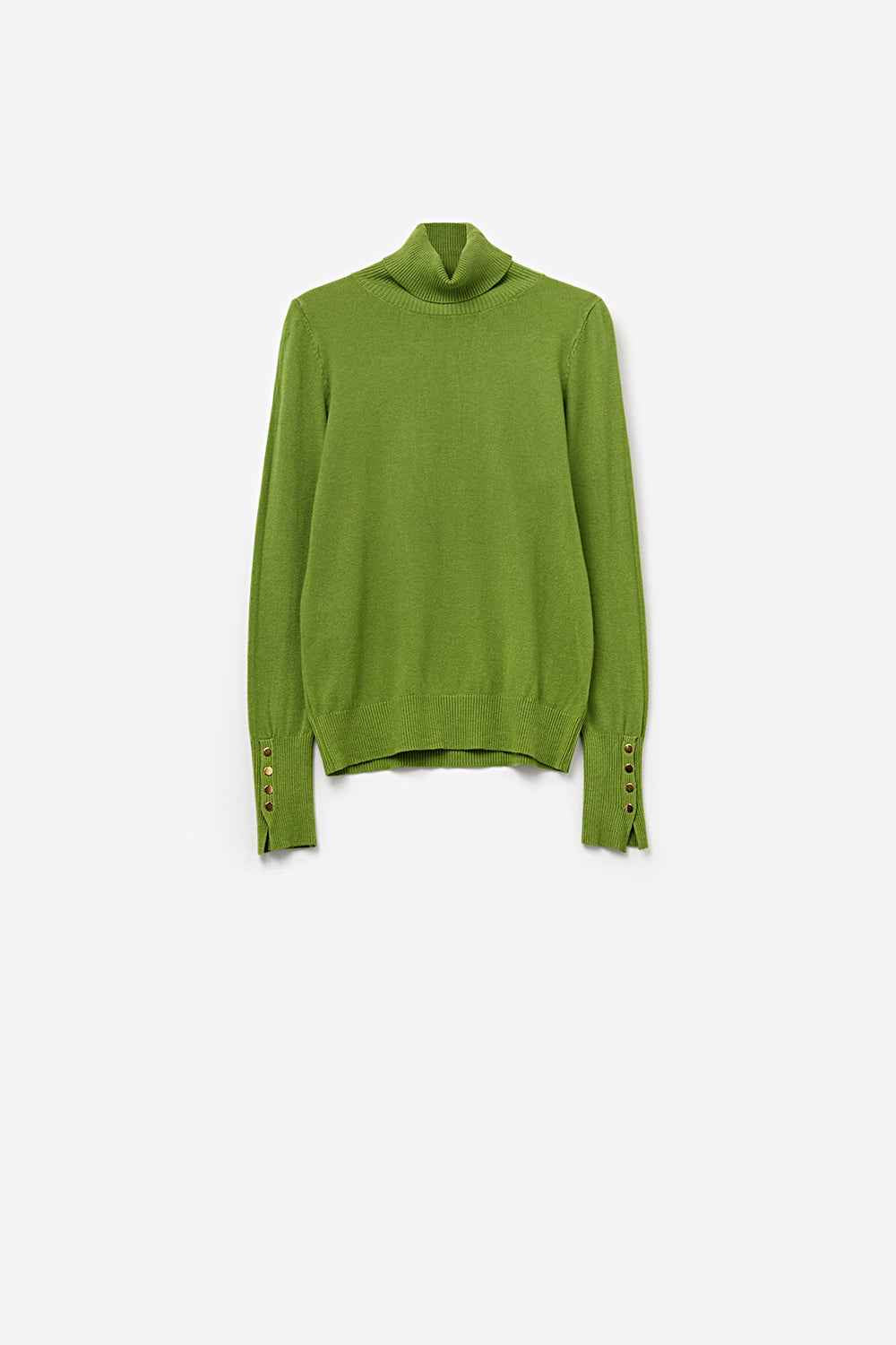 jersey ajustado de cuello alto en verde oliva con detalle de botones dorados en los puños.