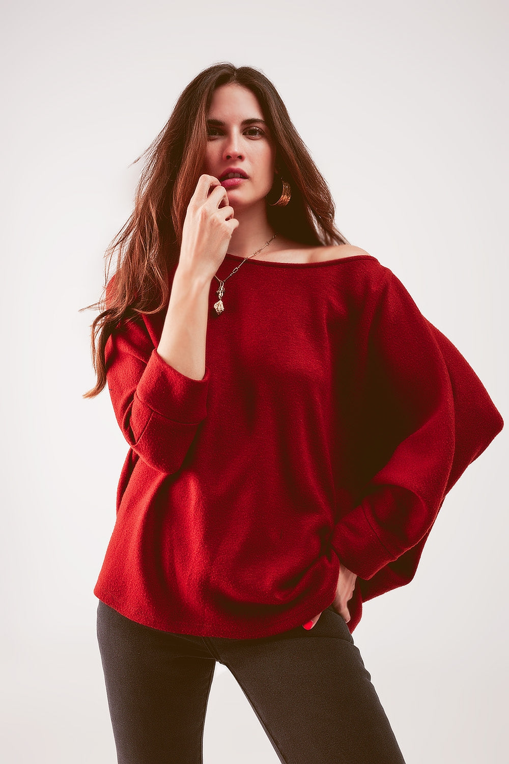 Q2 Jersey cuello barco con mangas de murciélago en naranja rojizo