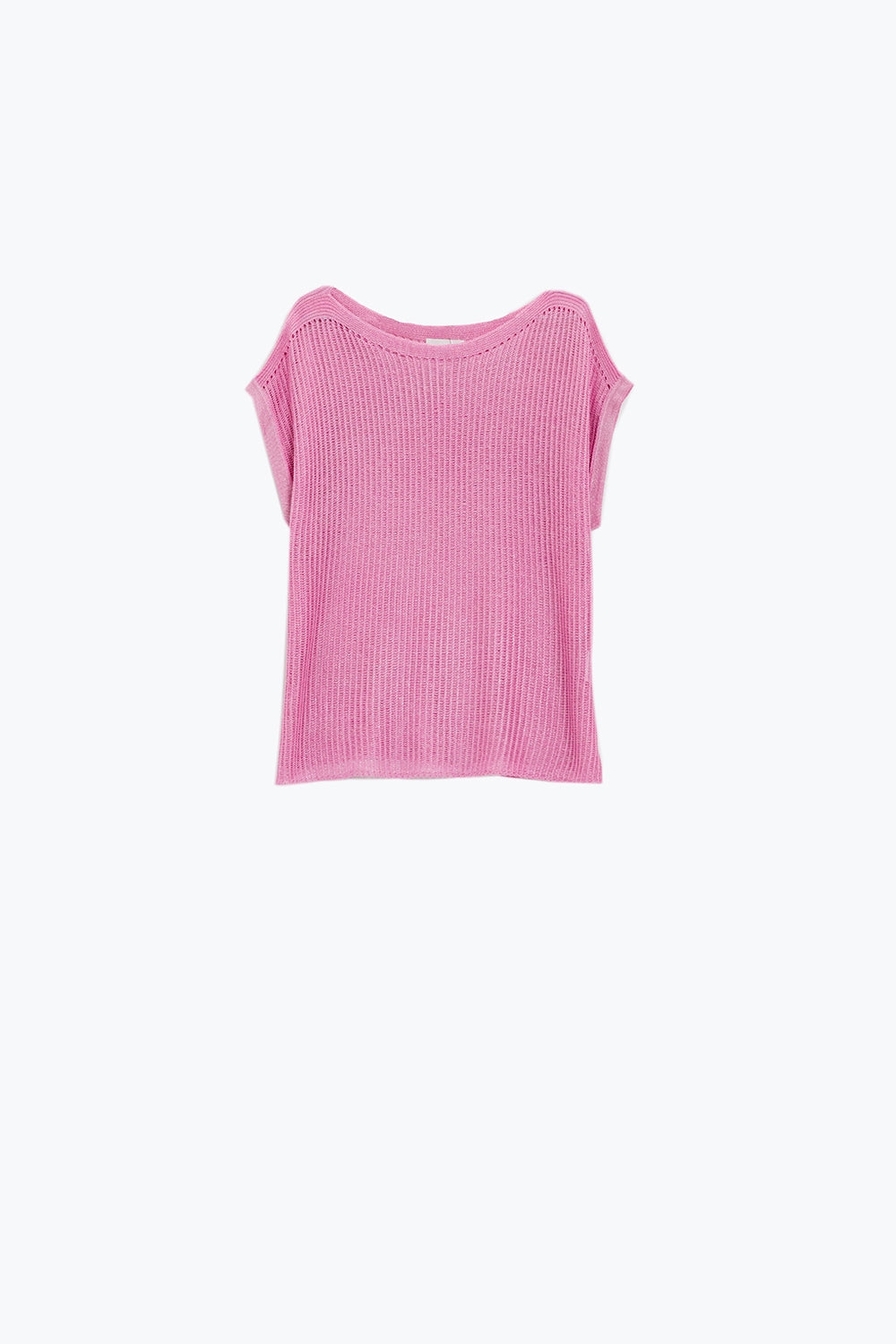 Jersey de canalé con cuello barco y mangas casquillo en rosa