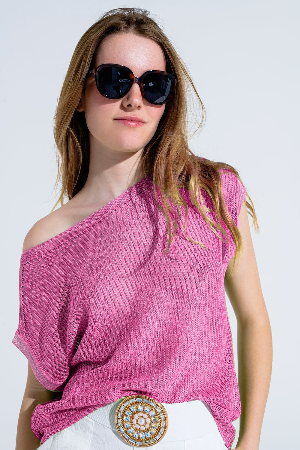 Q2 Jersey de canalé con cuello barco y mangas casquillo en rosa