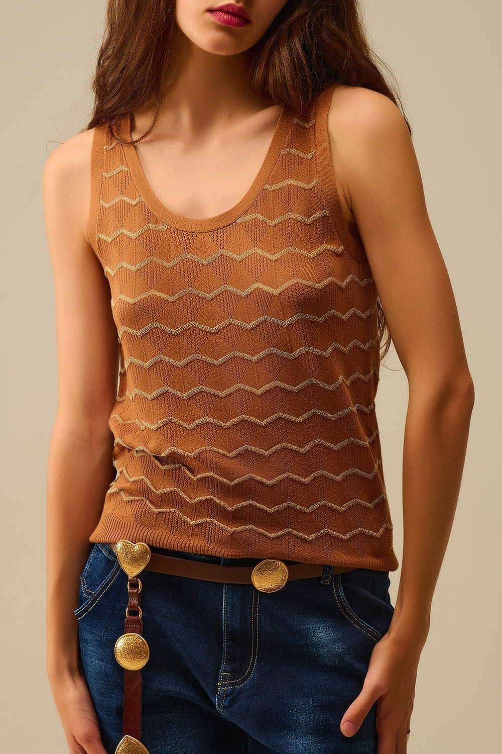Jersey de punto con dibujo de zigzag dorado