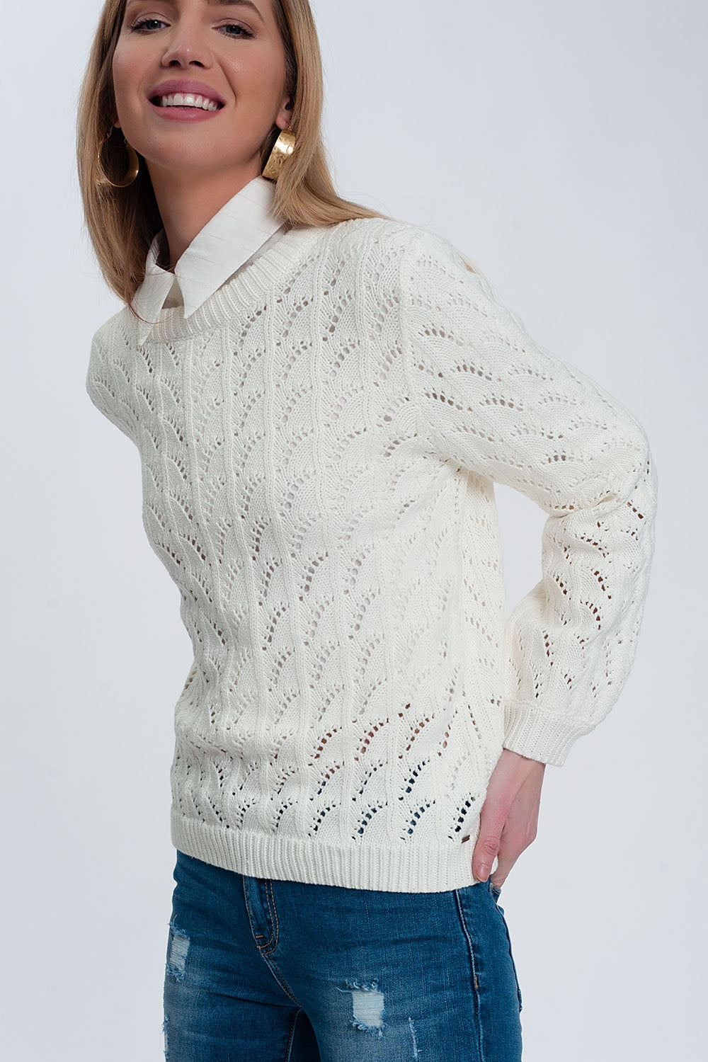 Jersey de punto de croché en crema