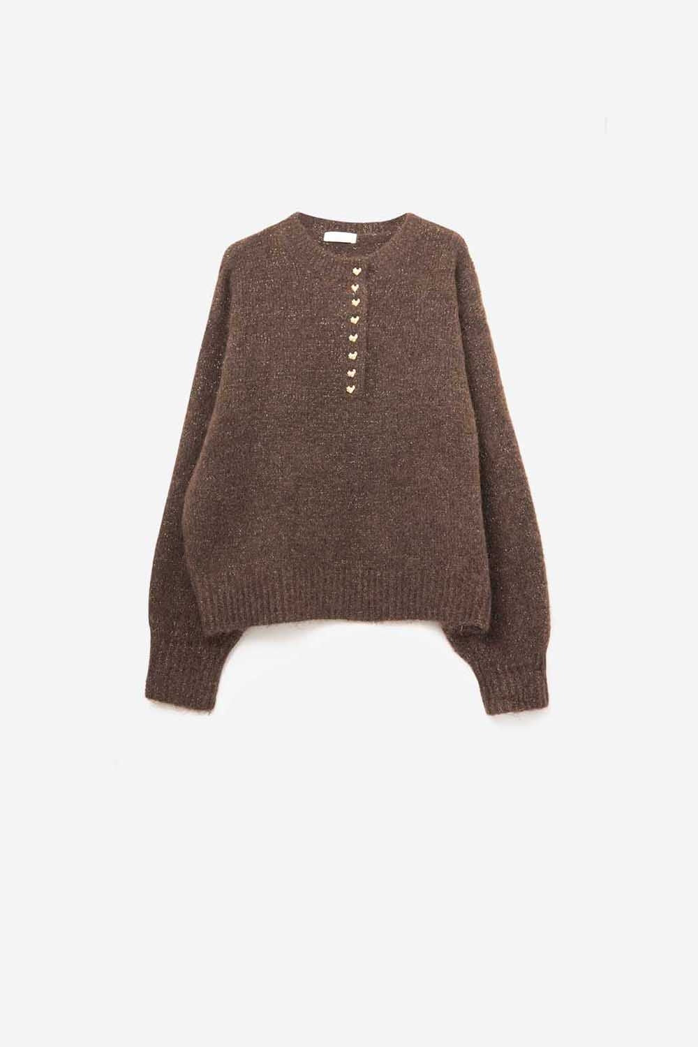 Jersey de punto marrón con botones dorados en forma de corazón - Suéteres - detalle