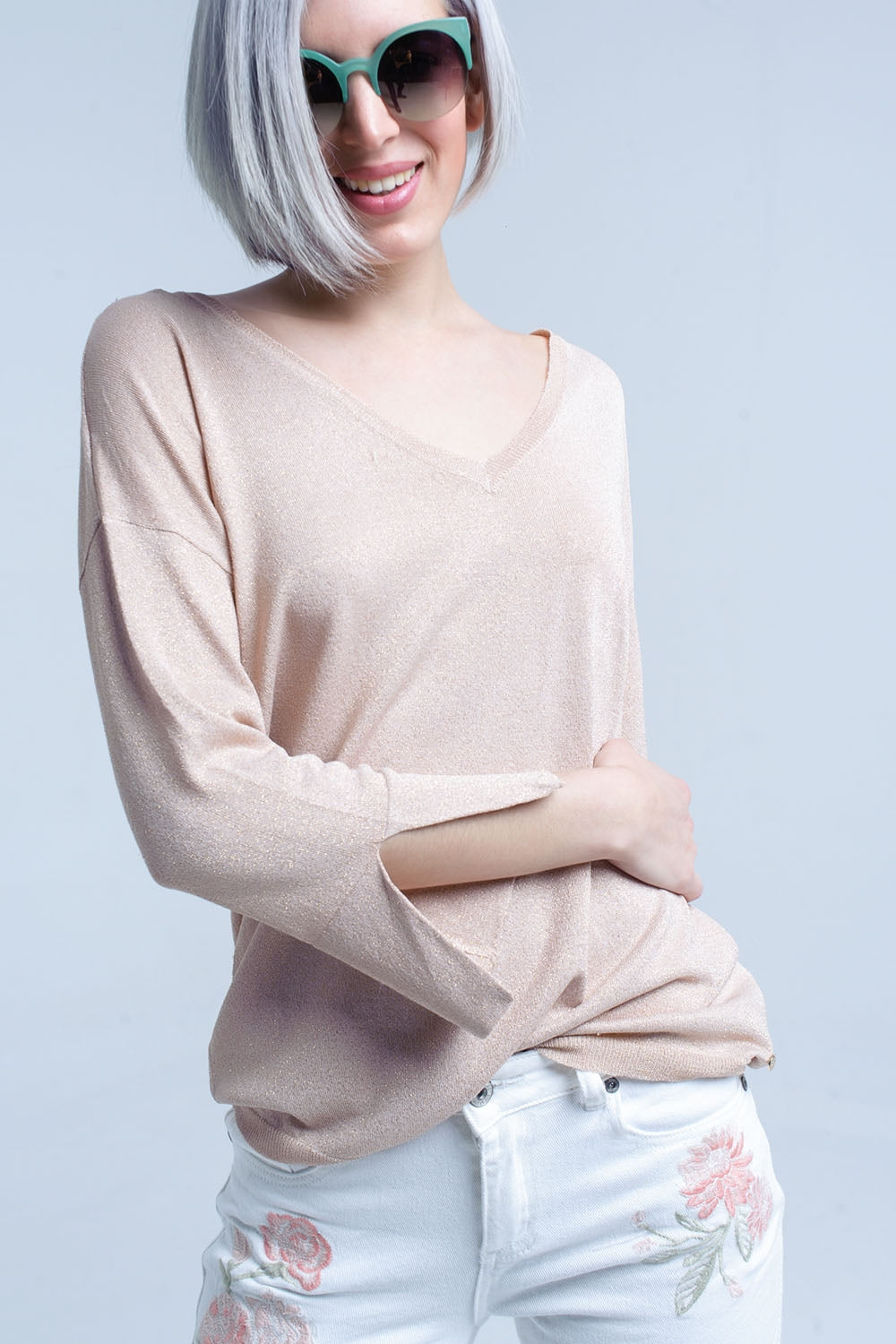 Q2 Jersey de punto rosa con detalle de lurex dorado