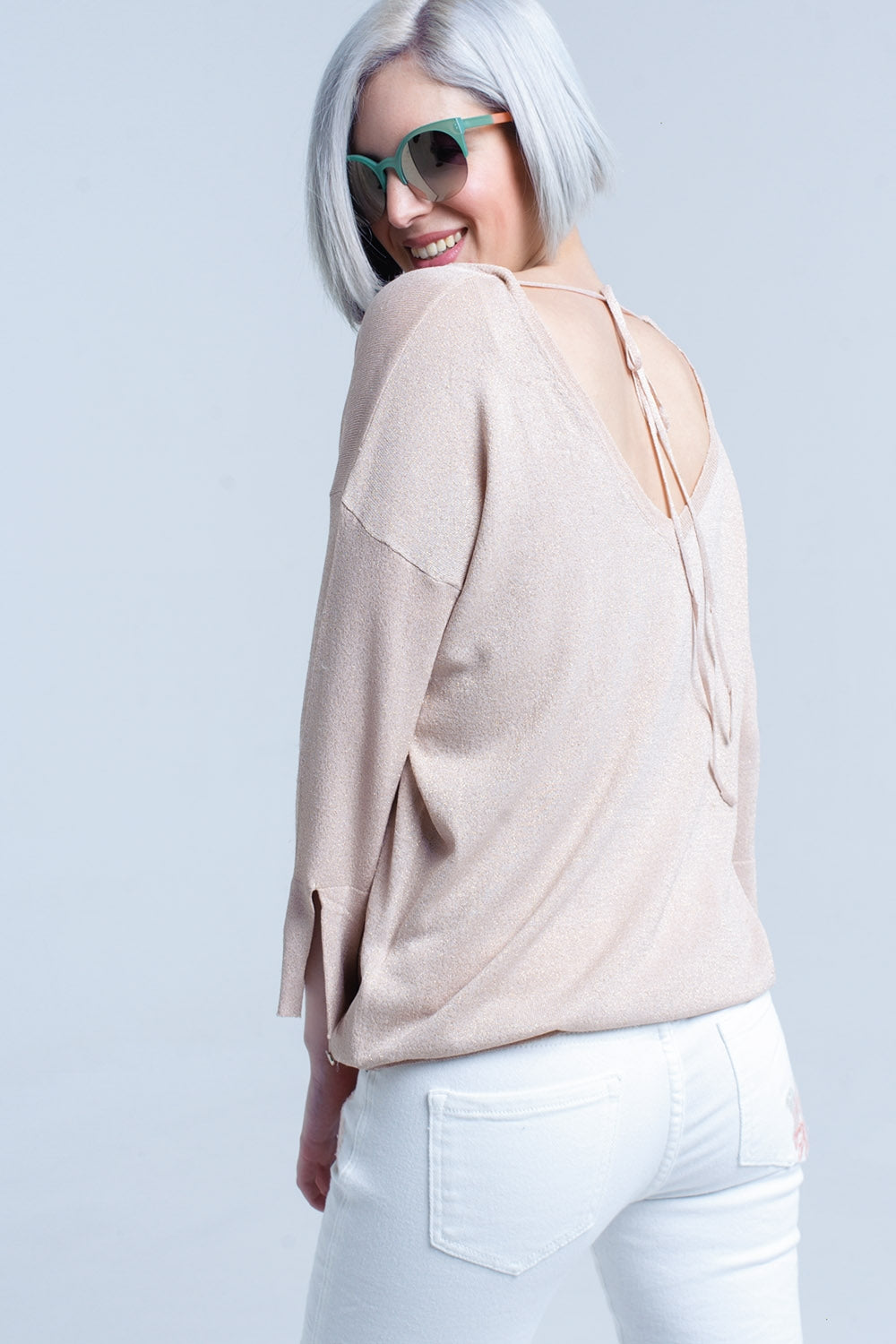 Jersey de punto rosa con detalle de lurex dorado