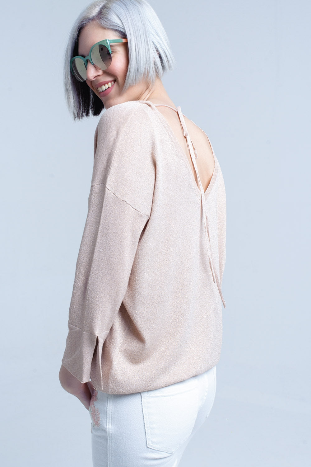 Jersey de punto rosa con detalle de lurex dorado