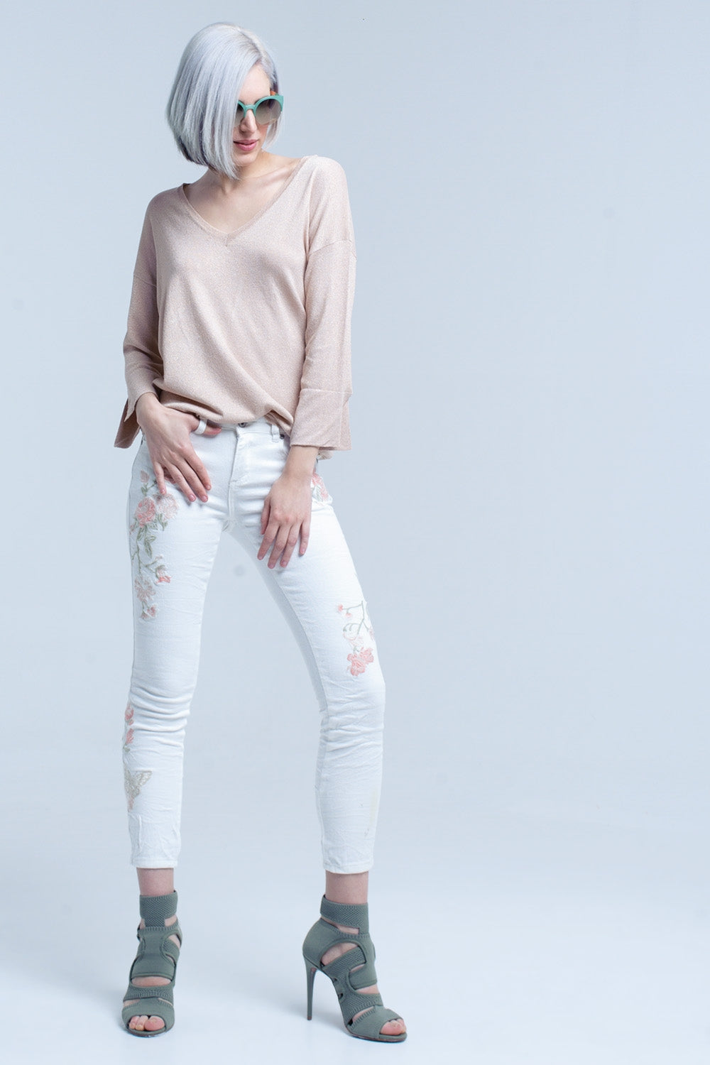 Jersey de punto rosa con detalle de lurex dorado