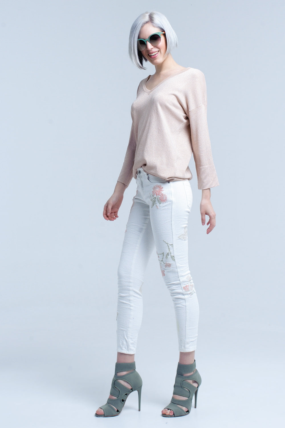 Jersey de punto rosa con detalle de lurex dorado