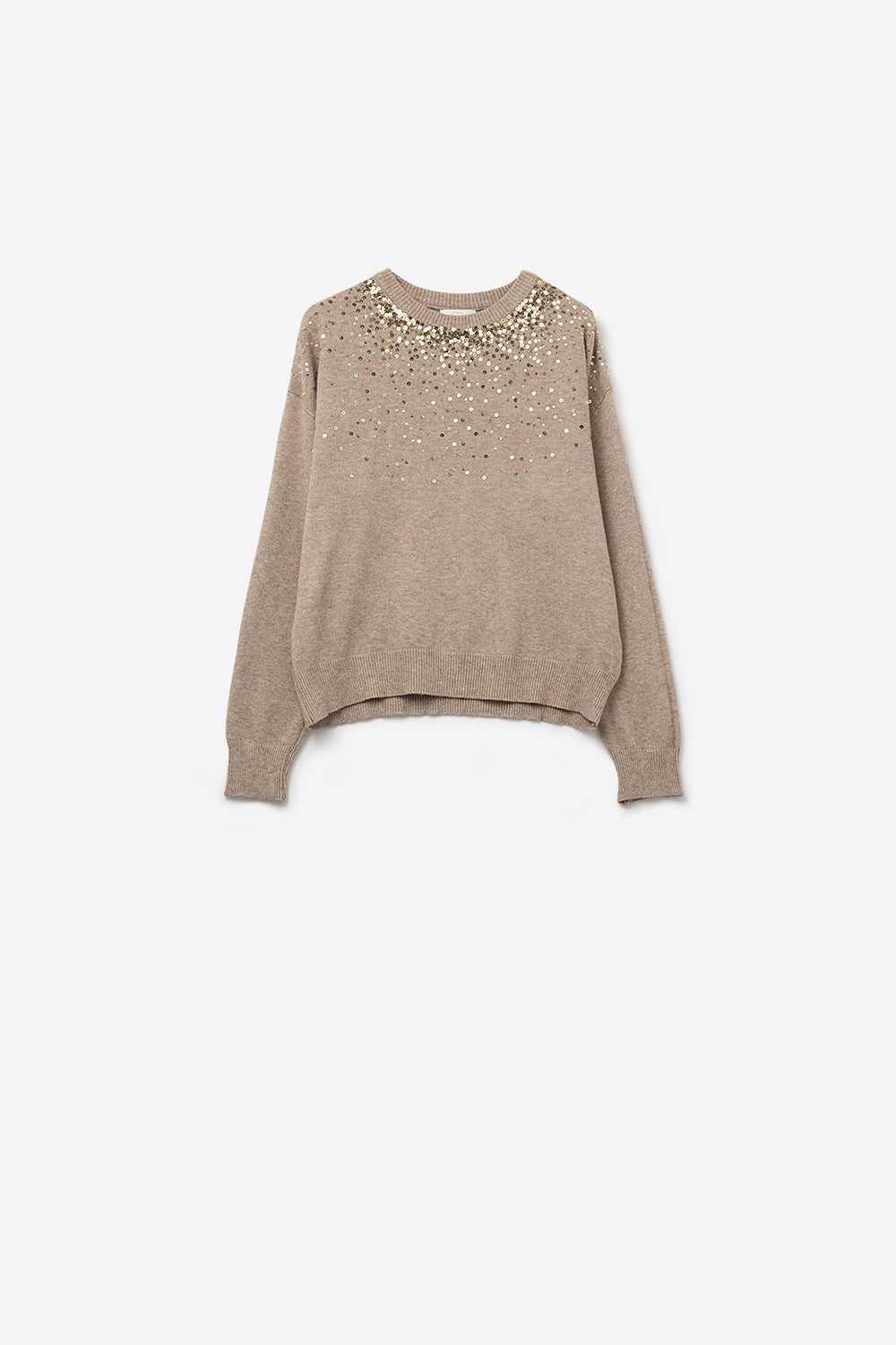 Jersey de punto suave beige adornado con lentejuelas en la parte delantera