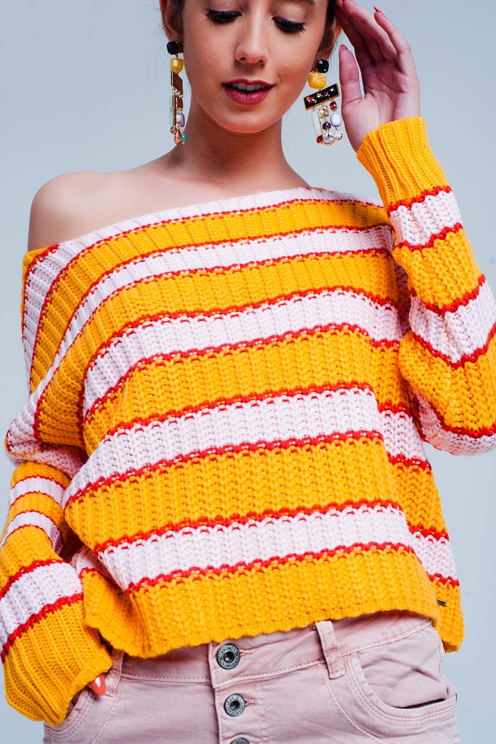 Q2 Jersey de rayas colour block en naranja y rosa