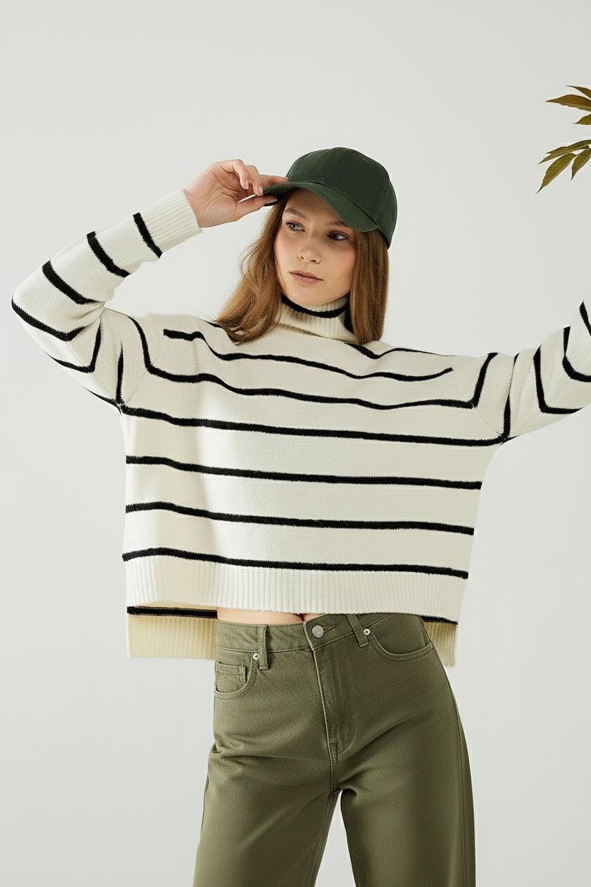 Jersey de rayas crema en negro con cuello alto