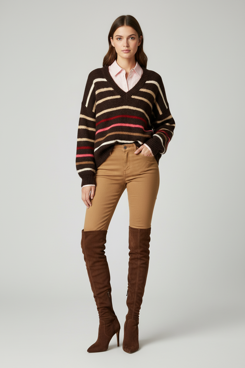 Jersey de punto mullido oversize con rayas horizontales marrones y rosas, cuello en V