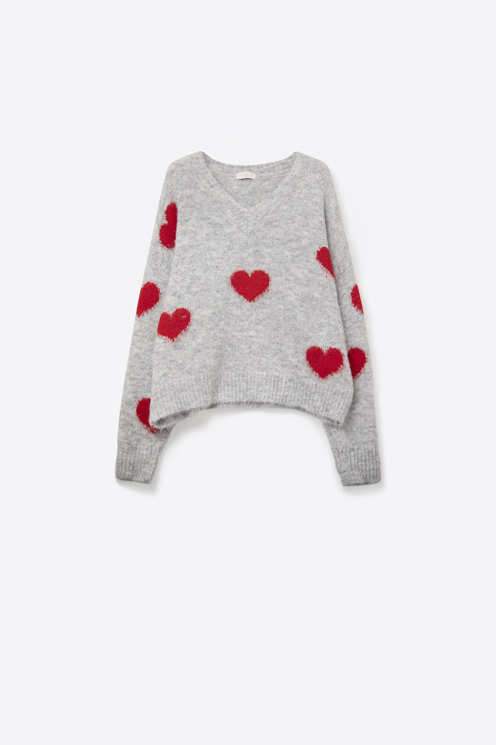Jersey gris de manga larga con cuello en V y corazones rojos