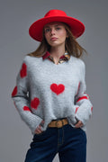 Q2 Jersey gris de manga larga con cuello en V y corazones rojos