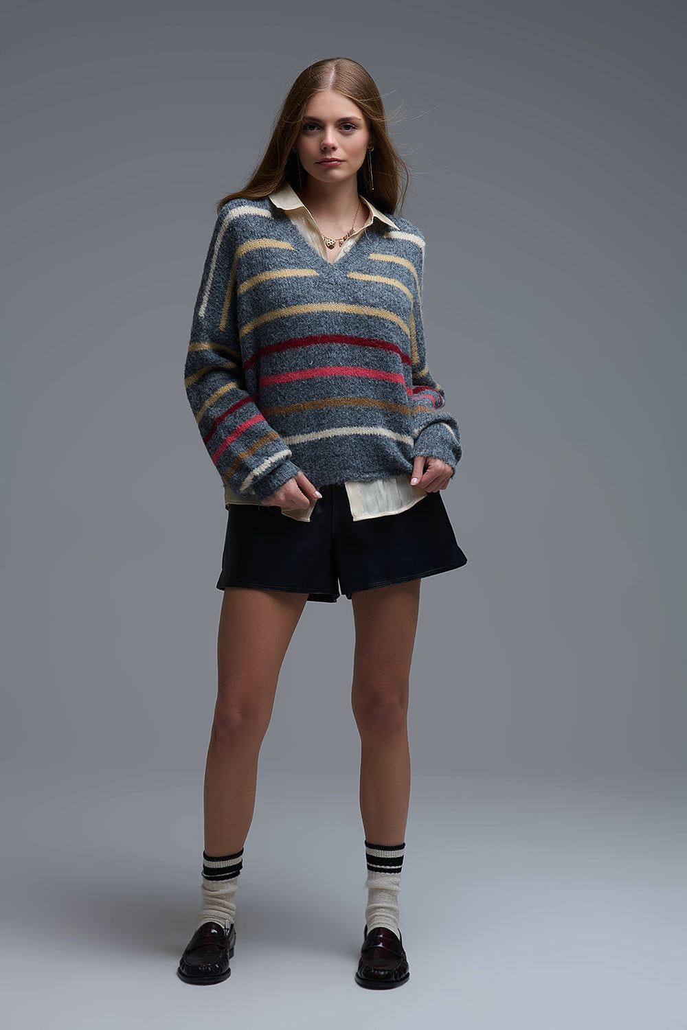 Jersey gris oversize de rayas multicolor