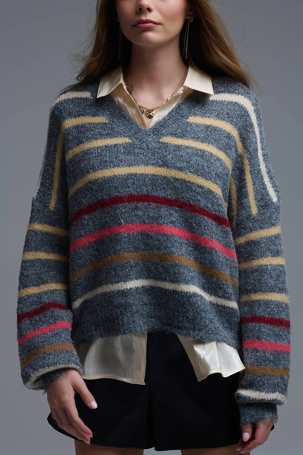 Jersey gris oversize de rayas multicolor