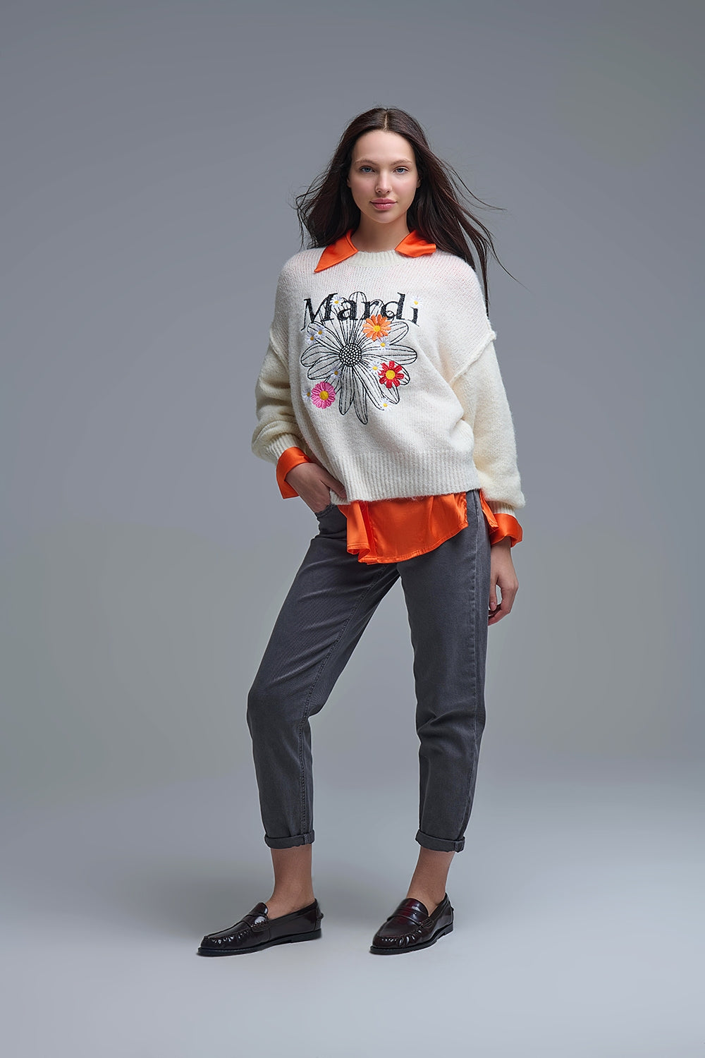 Jersey Mardi Bordado Crema Con Flores