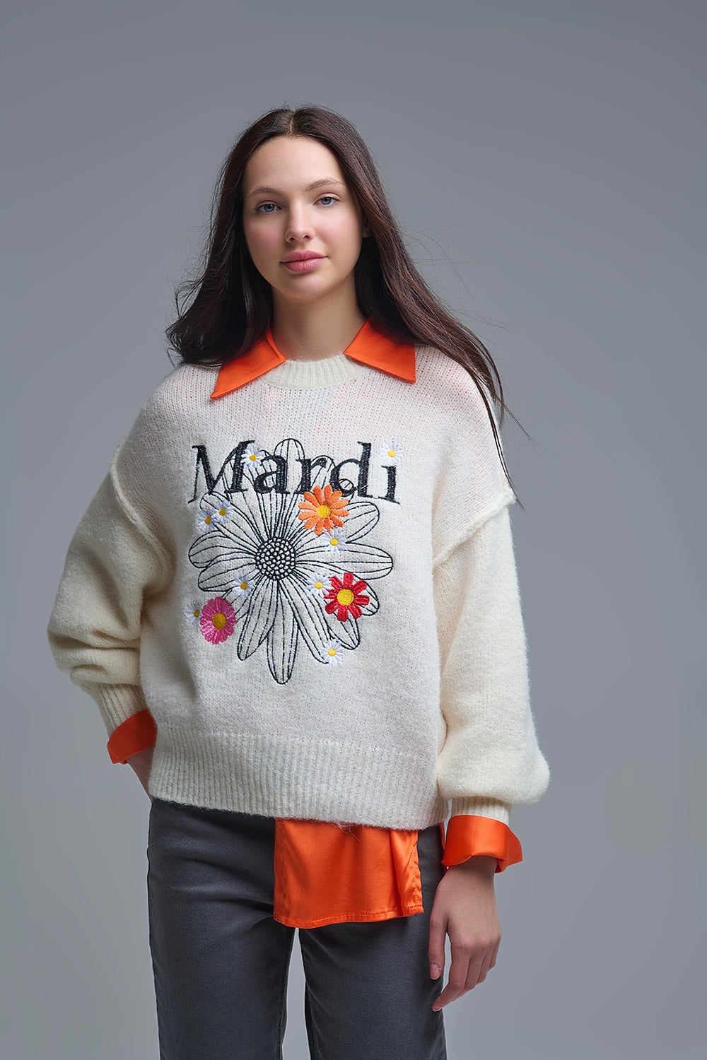 Jersey Mardi Bordado Crema Con Flores