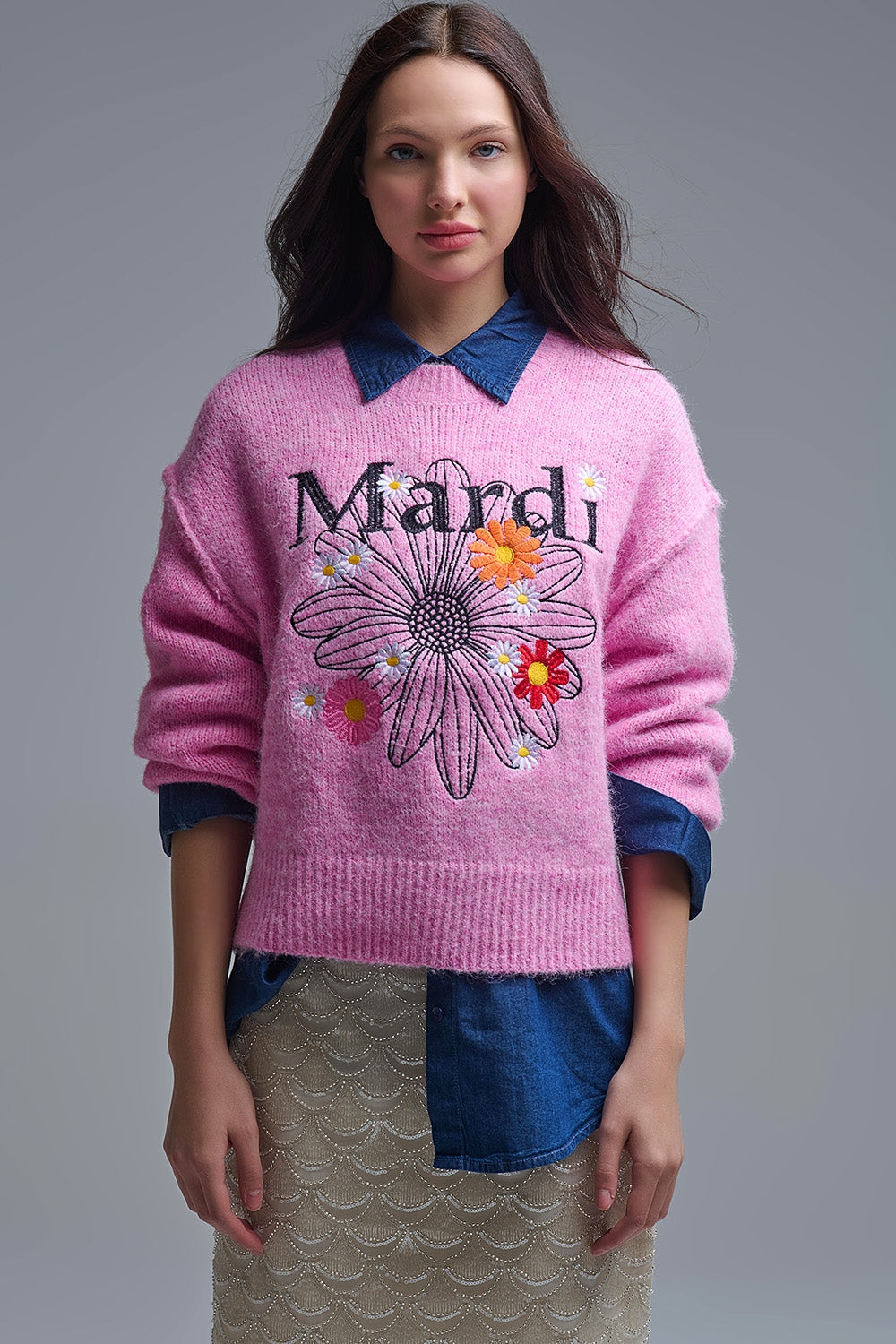 Jersey Mardi Rosa Bordado Con Flores