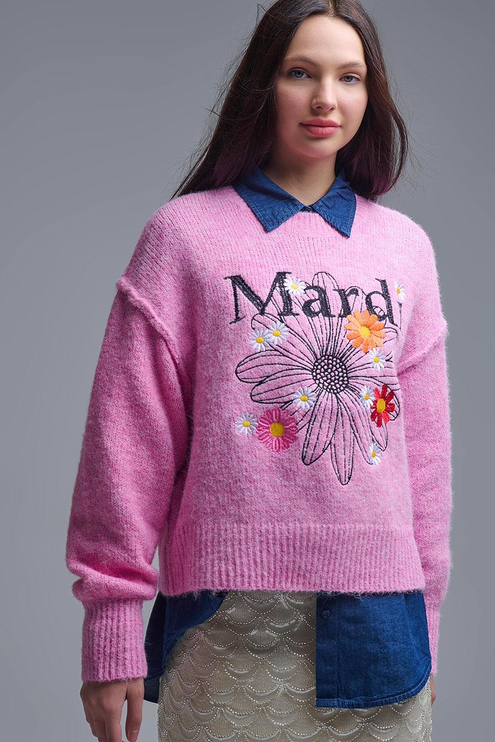 Jersey Mardi Rosa Bordado Con Flores