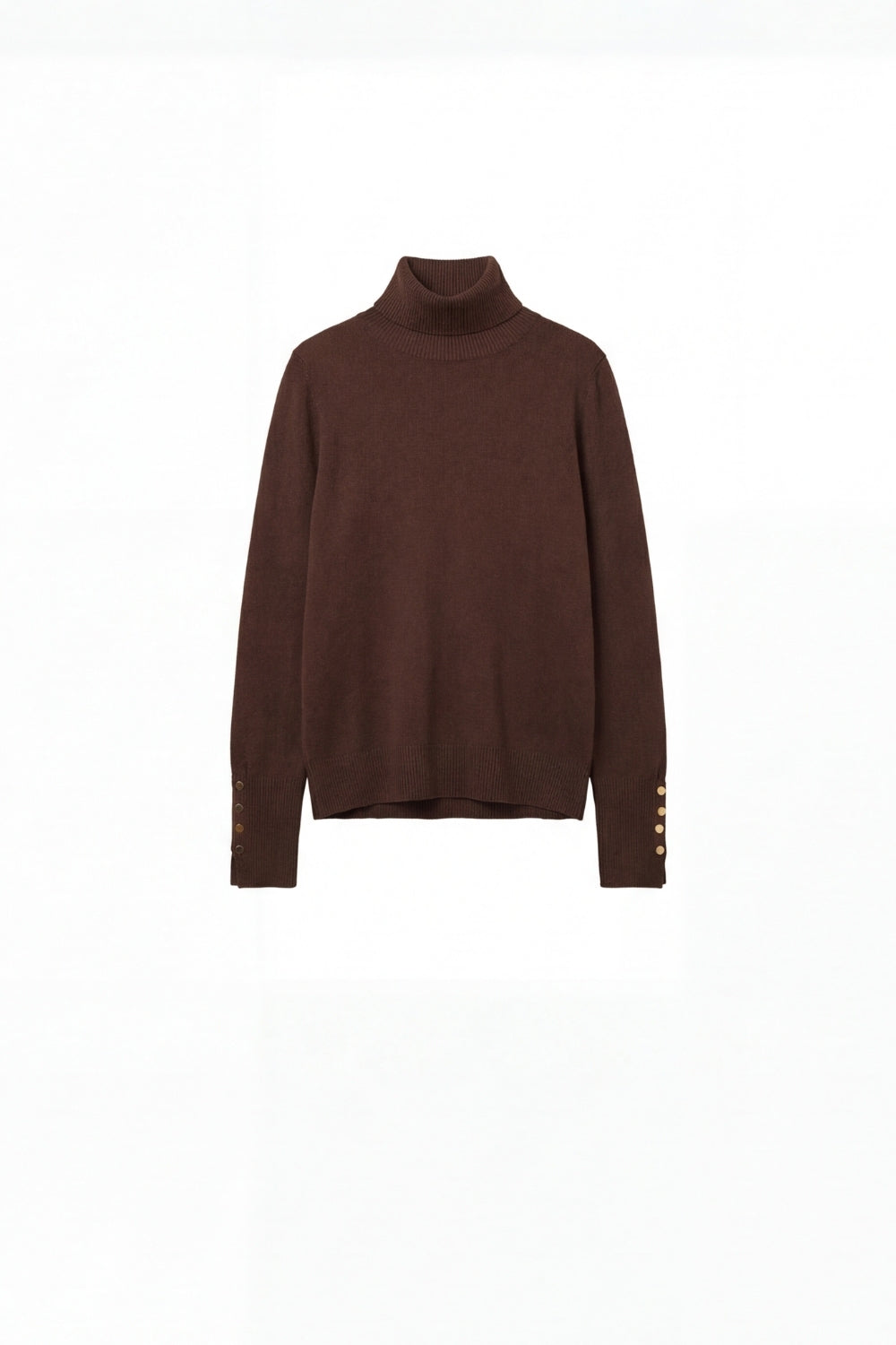 Jersey marrón de cuello alto con botones dorados en el puño