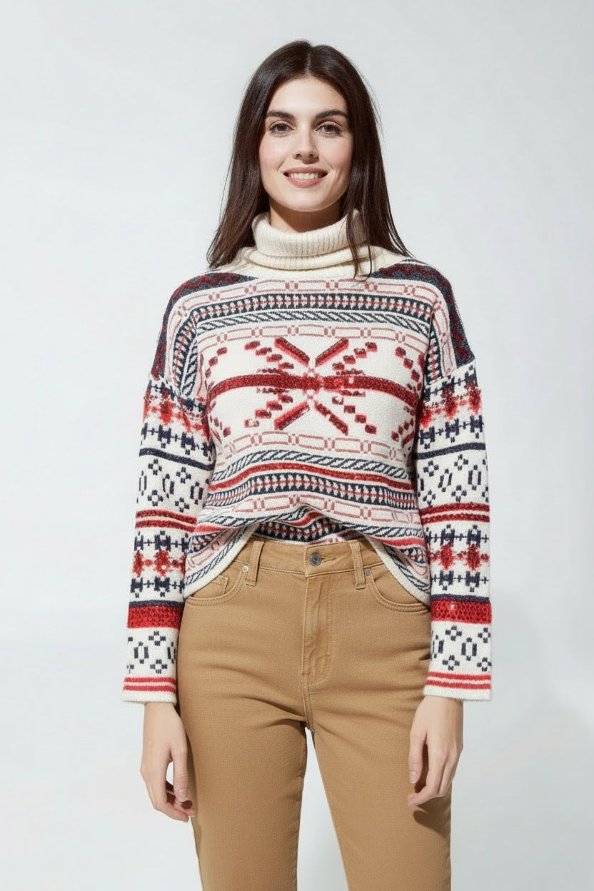 Suéter de Navidad con cuello de Tortuga en color crema y detalles de lentejuelas bordados. - Jersey - detalle