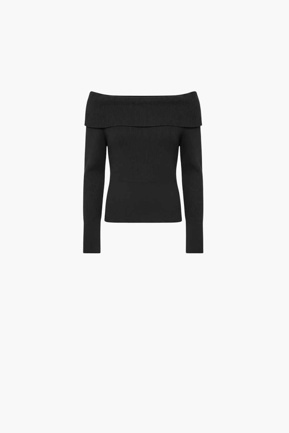 Jersey de punto fino negro con cuello barco ajustado y manga larga.