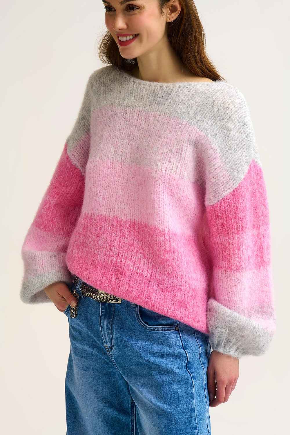 jersey de punto mullido oversize con degradado de color rosa y gris