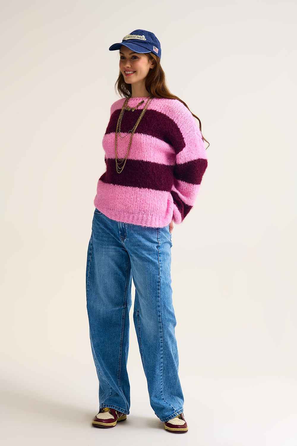 Jersey de punto a rayas rosa esponjoso con mangas globo