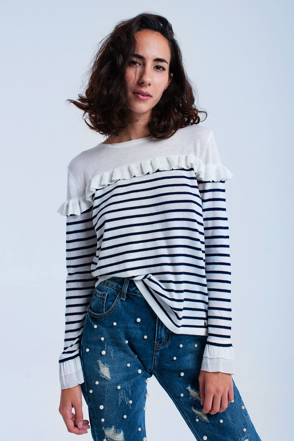 Q2 Jersey rayado navy con volantes
