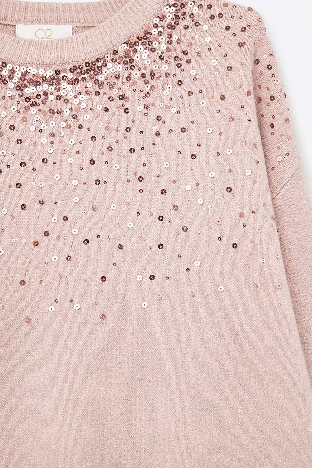 Jersey rosa de punto suave adornado con lentejuelas en la parte delantera