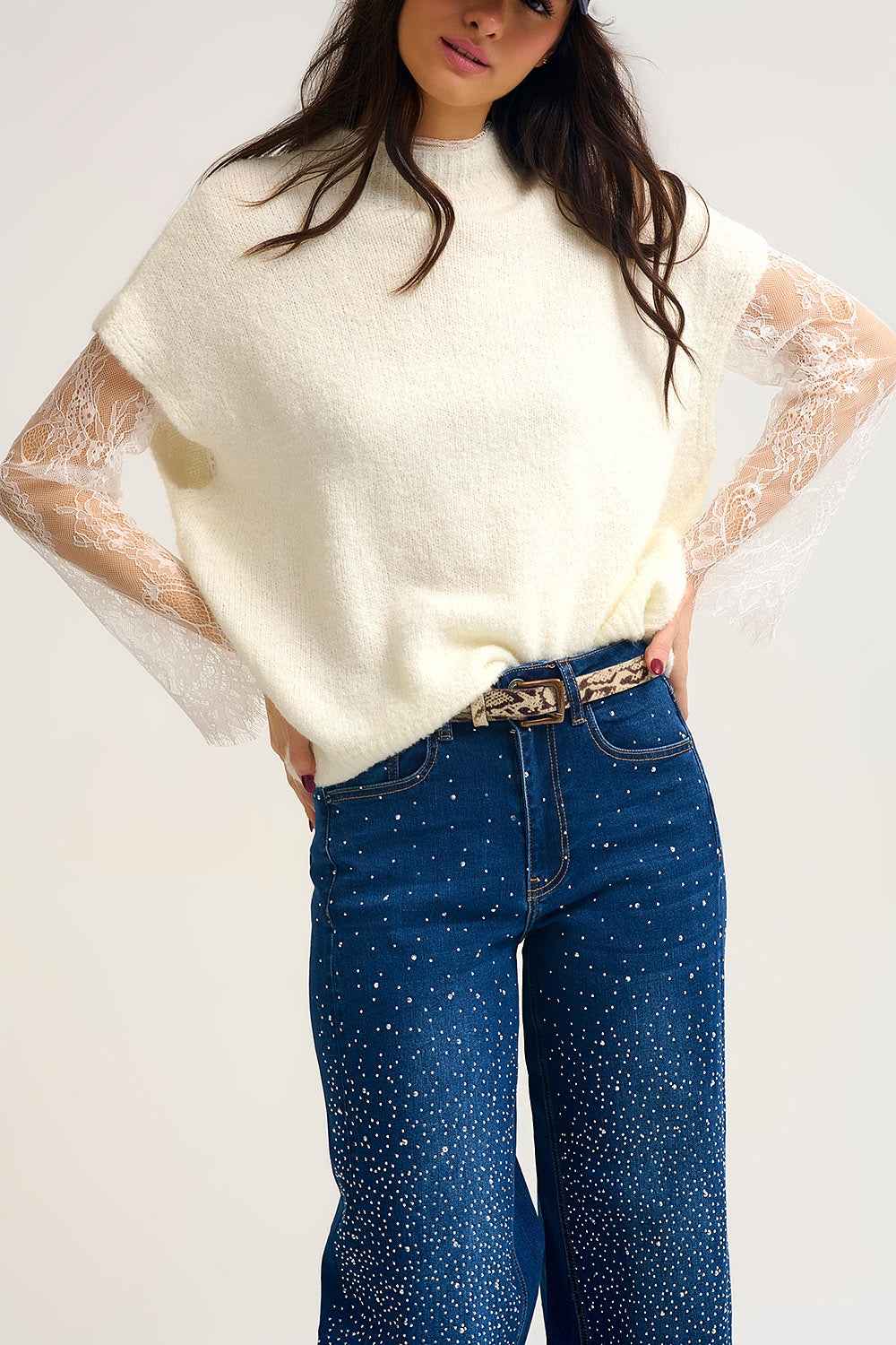 Jersey sin mangas de punto suave con forro de encaje