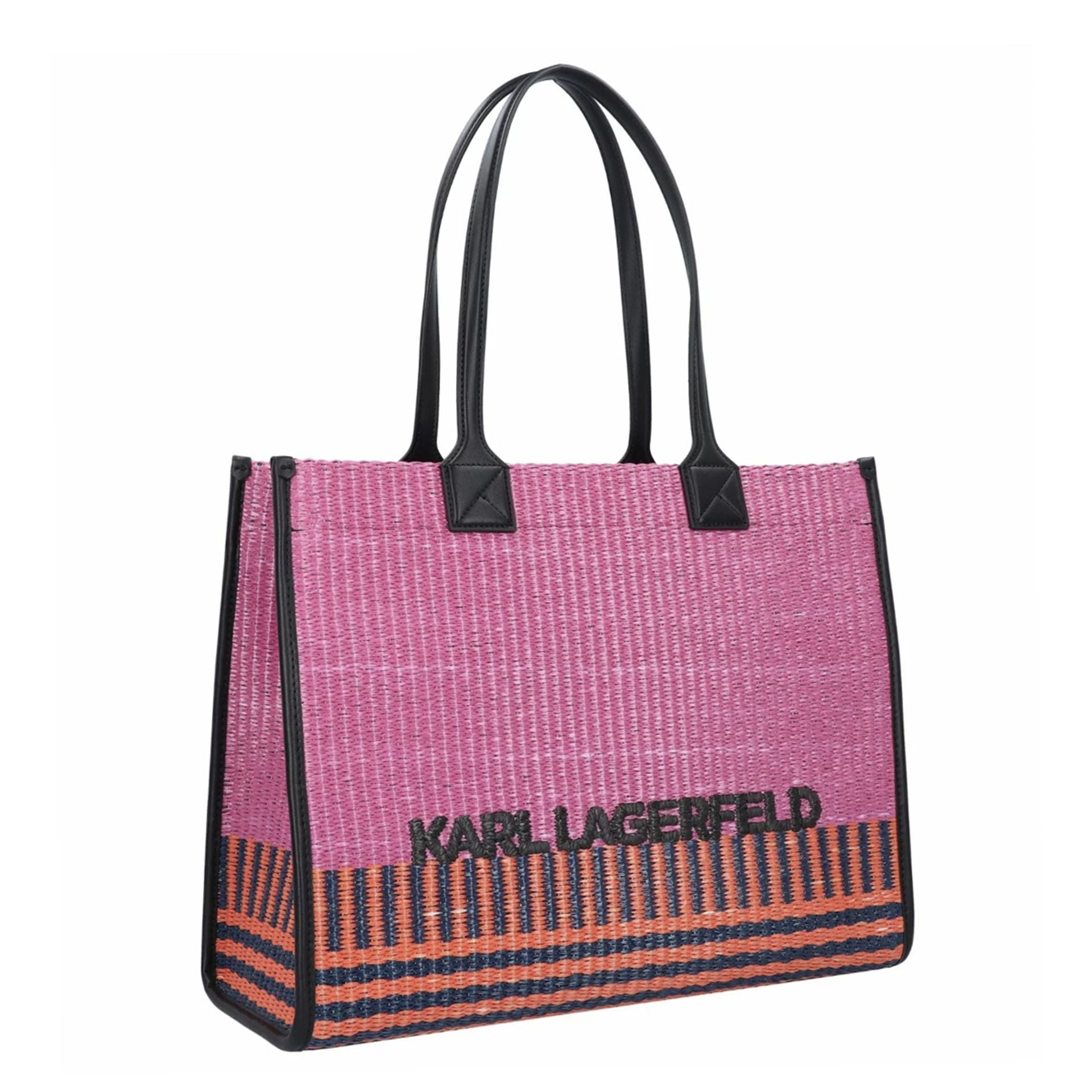 Vista lateral del bolso shopping Karl Lagerfeld rosa con asas negras