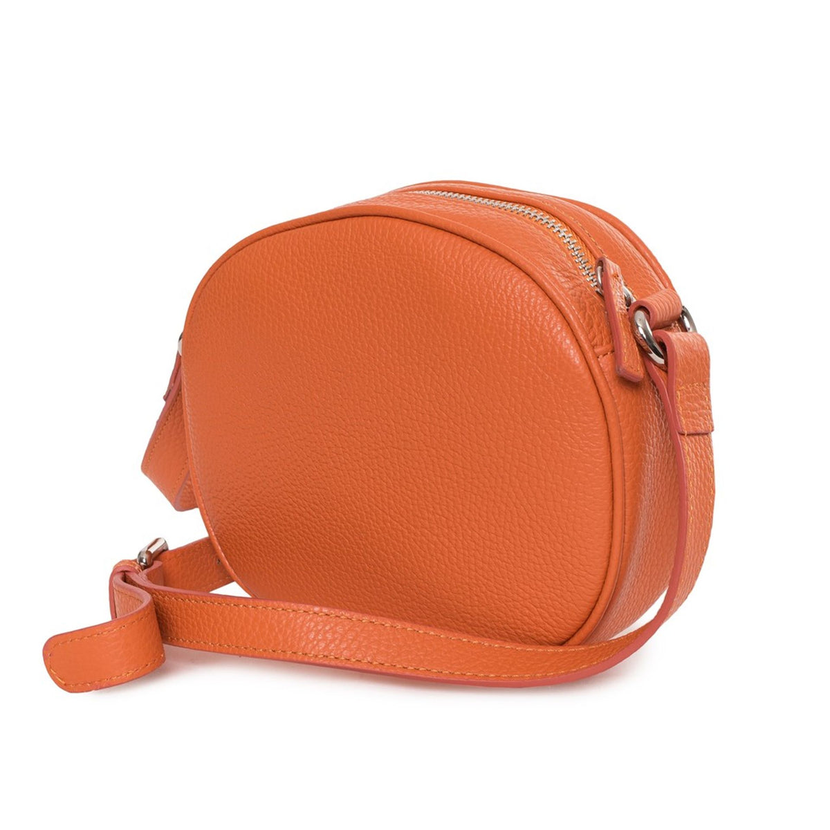 Vista trasera del bolso ovalado en piel naranja de Lamarthe con detalle metálico y correa ajustable.