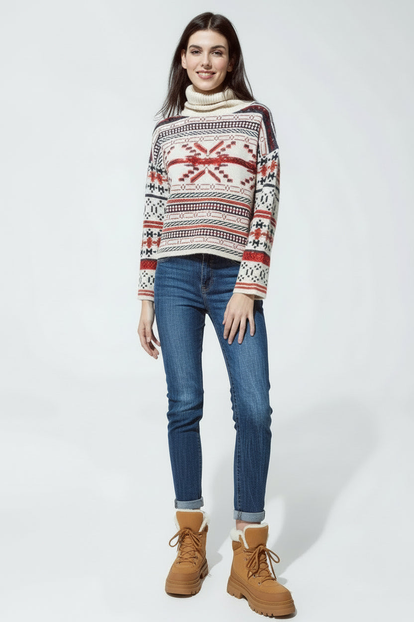 Suéter de Navidad con cuello de Tortuga en color crema y detalles de lentejuelas bordados. - Jersey - detalle