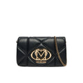 Bolso bandolera negro Love Moschino con logo dorado visto de frente.