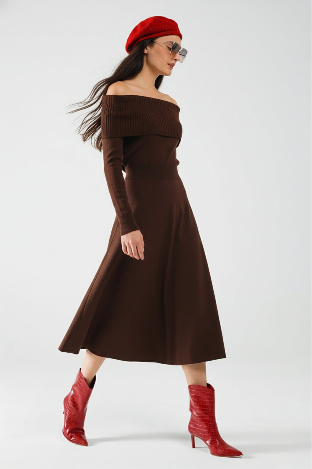 Maxi Vestido Bardot Ancho de Punto Marrón