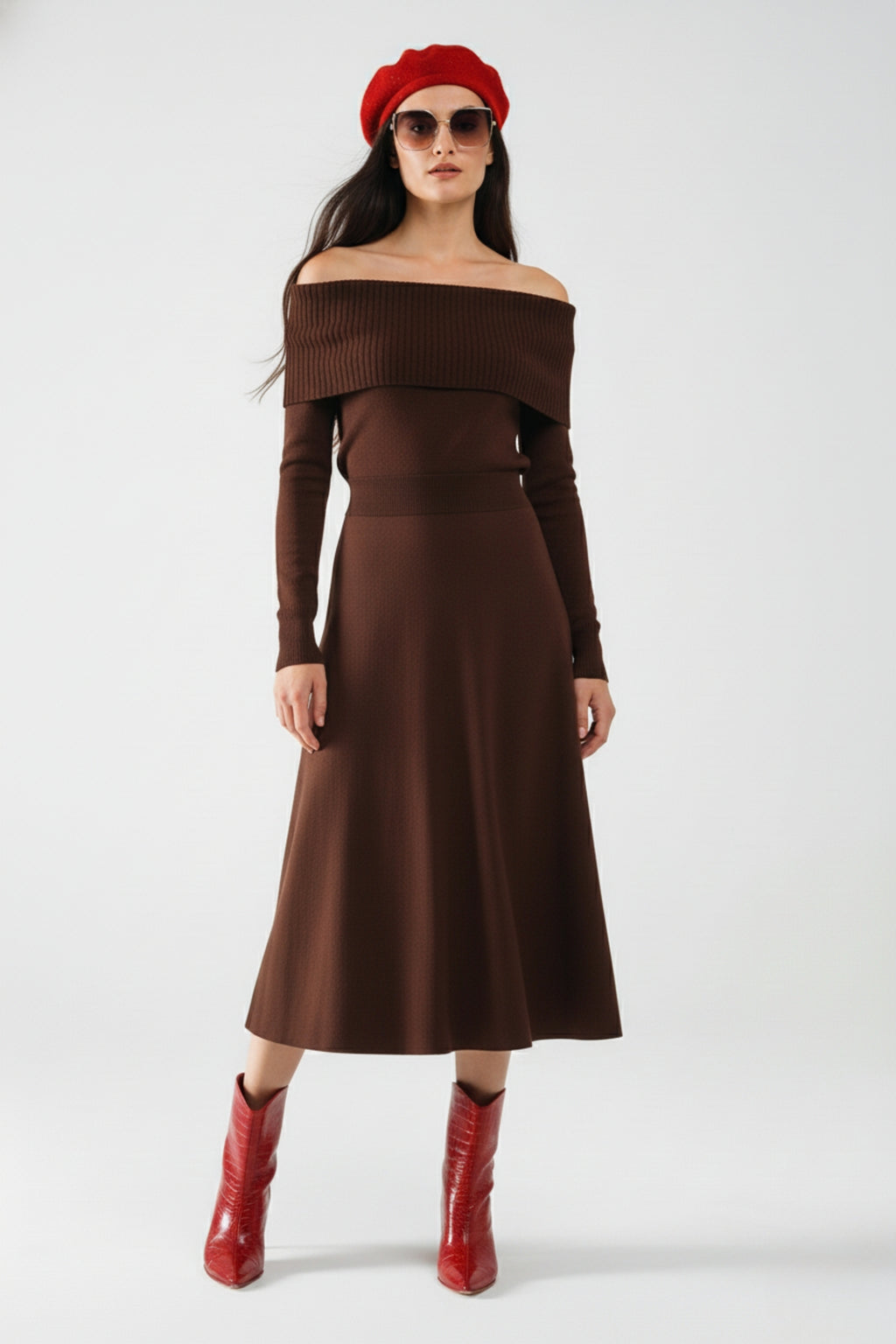 Maxi Vestido Bardot Ancho de Punto Marrón