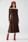 Maxi Vestido Bardot Ancho de Punto Marrón