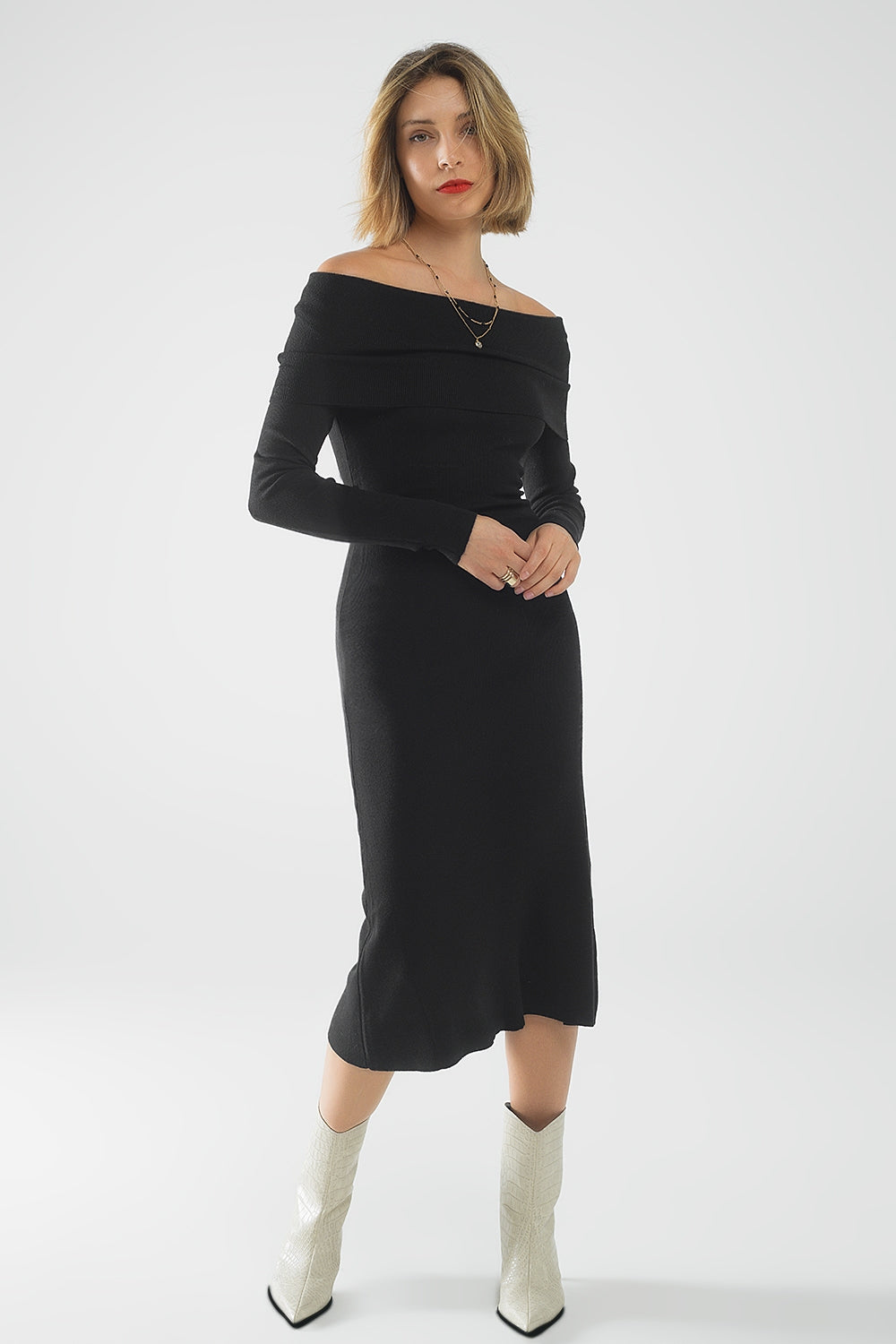 Maxi Vestido Bardot Ancho de Punto Negro