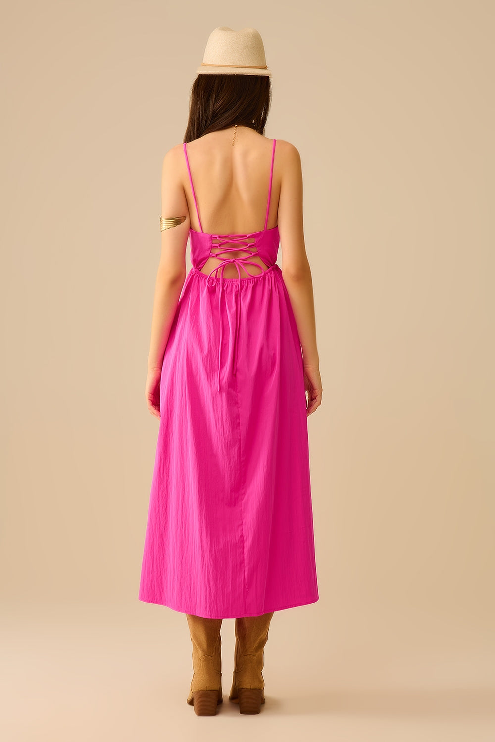 Maxi vestido fucshia con palmeras bordadas