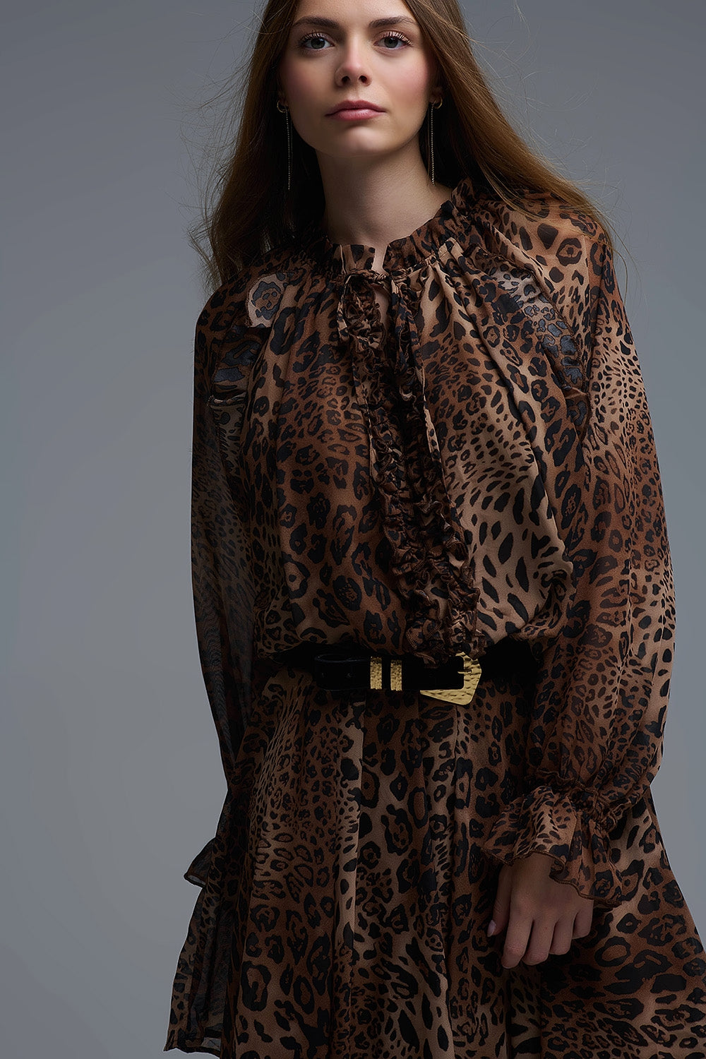 Mini vestido de gasa con estampado de leopardo y detalles de volantes - Vestidos - detalle