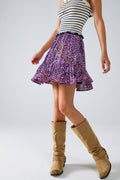Minifalda morada con estampado animal y volante