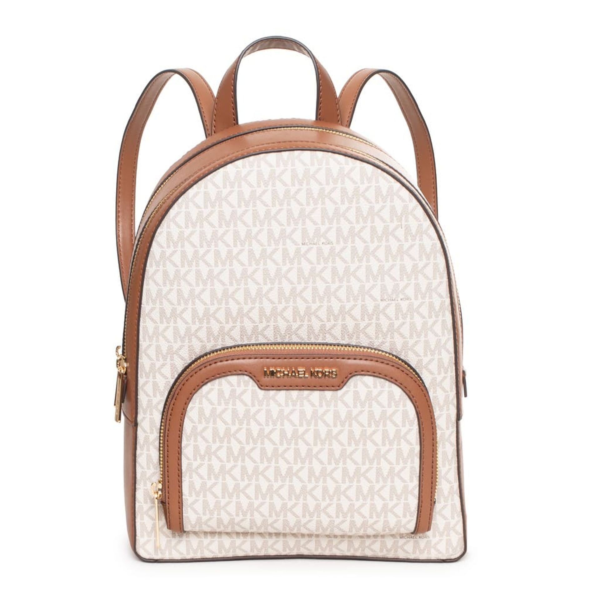 Mochila Michael Kors beige con logo icónico y detalles camel vista frontal