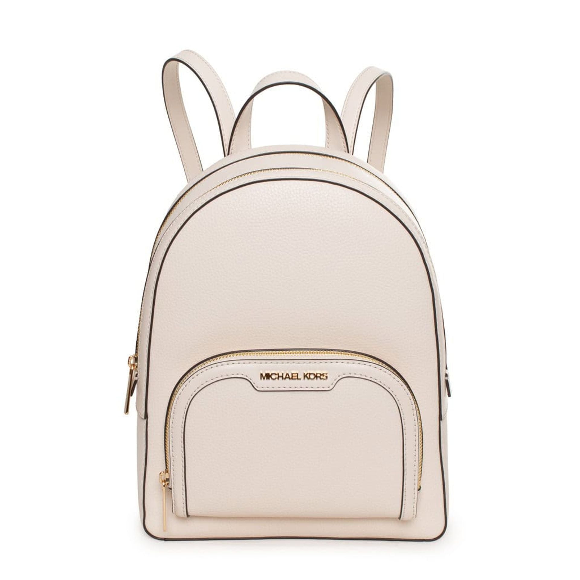 Mochila Michael Kors beige claro vista frontal con logo dorado.