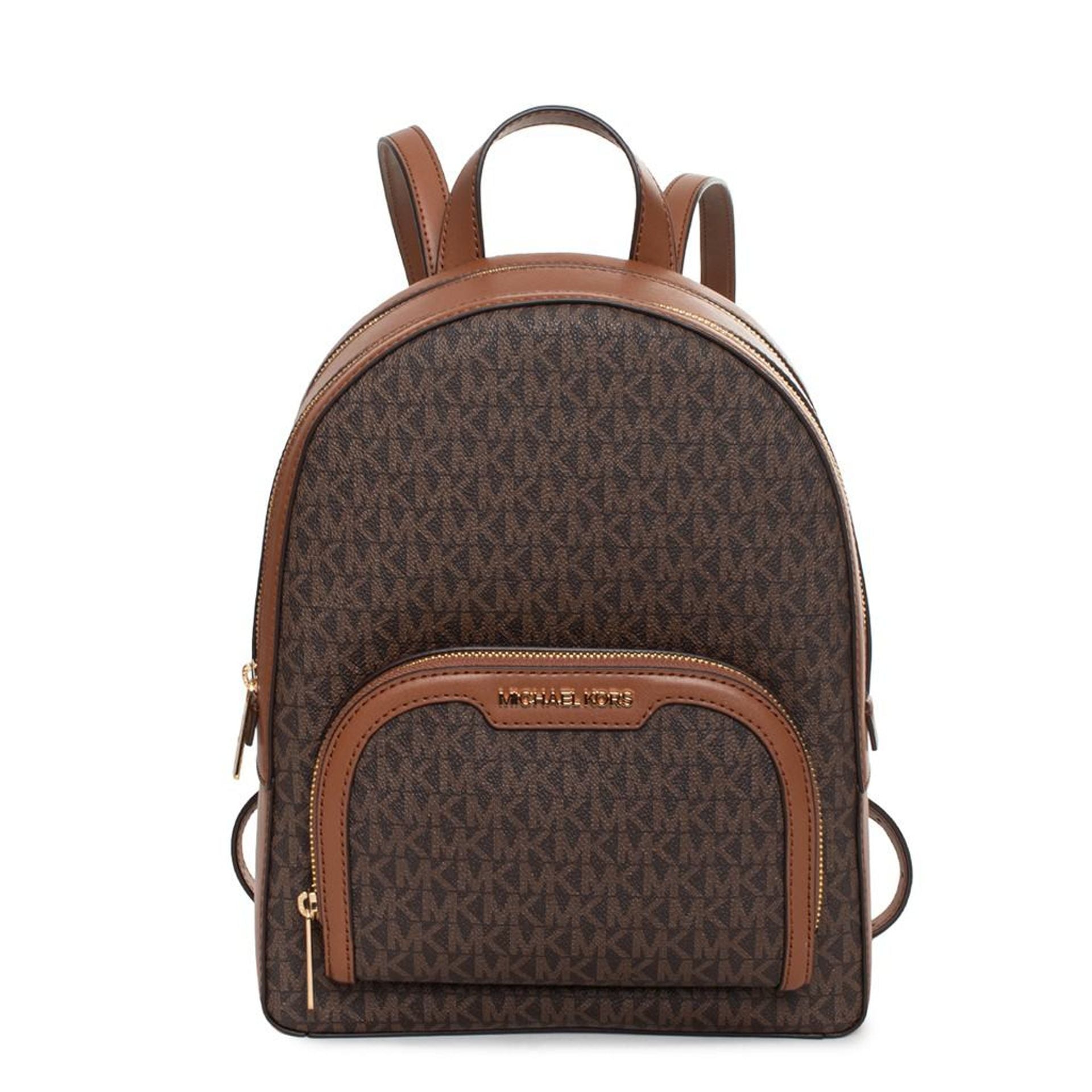 Mochila Michael Kors marrón con logo integral y detalles camel vista frontal