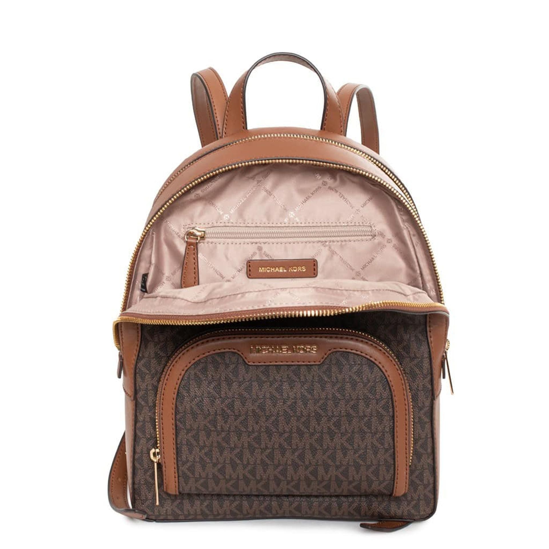 Interior de la mochila Michael Kors marrón con compartimento amplio y bolsillo con cremallera