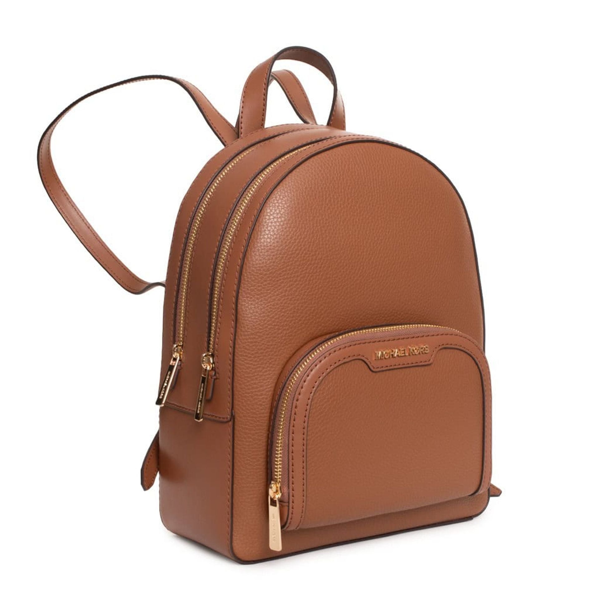 Mochila Michael Kors marrón canela con doble cremallera vista lateral