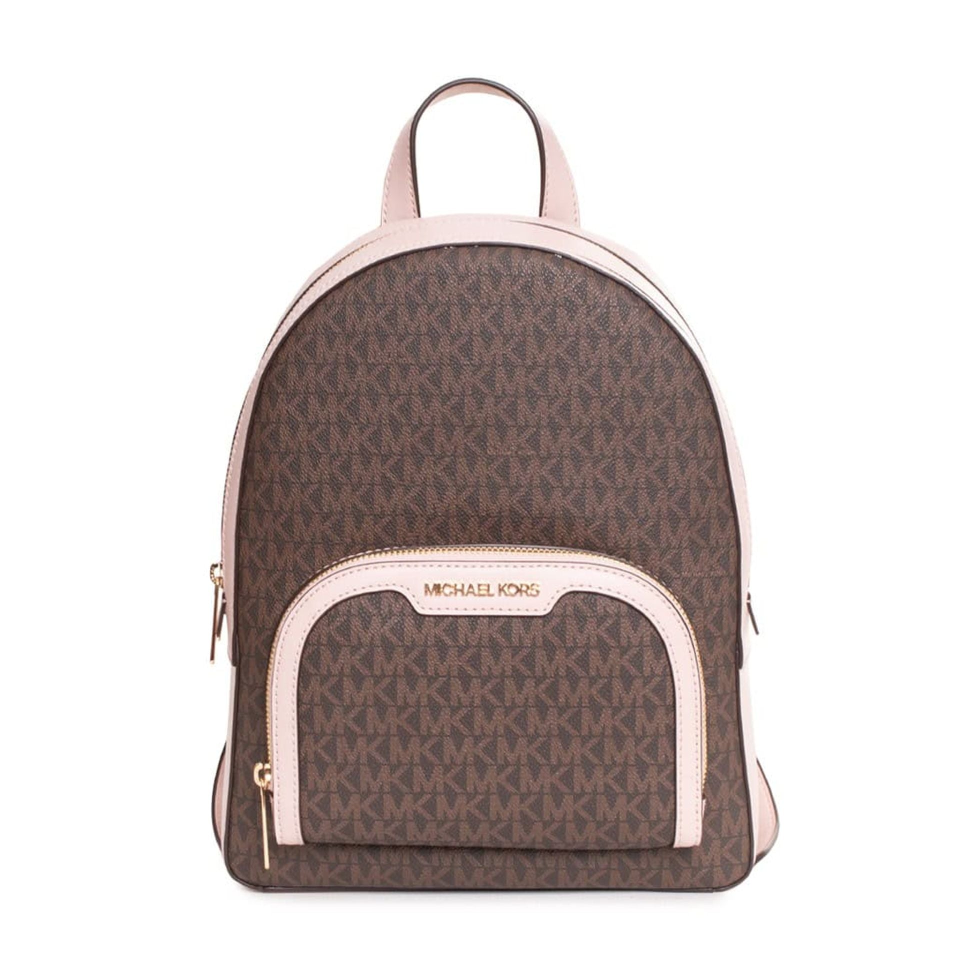 Mochila Michael Kors marrón con logo icónico y detalles rosa claro vista frontal